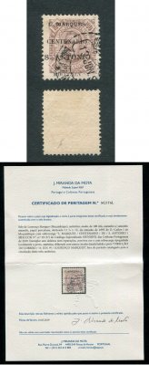 1895 - Afinsa nº 29. D. Carlos com sobrecarga "CENTENARIO DE S. ANTONIO". Selo de 100 reis usado. Com CERTIFICADO DE PERITAGEM (CERTIFICATE). Em boas condições.