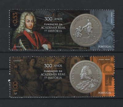 2020 - Afinsa nº 5260/5261. 300 Anos da Fundação da Academia Real da História. Série nova sem charneira. Goma Original. Em boas condições.