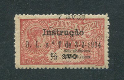 1934 - Imposto postal. Afinsa nº 8a. Instrução. 7a/1/2a novo sem goma como emitido. COM ERRO ''5'' INVERTIDO em vez de ''ç''. Em boas condições.