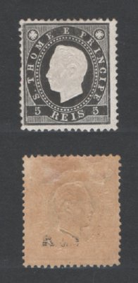 1887 - Afinsa nº 15a. D. Luis I. Selo de 5 reis novo, COM CHARNEIRA (*) e goma original. Denteado 12 1/2. Em boas condições.