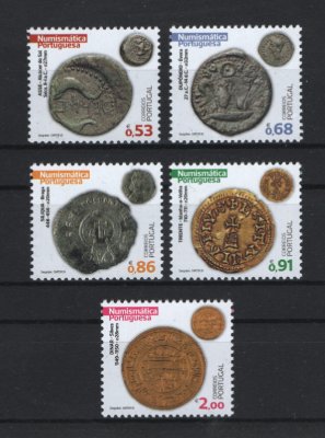 2020 - Afinsa nº 5279/5283. Numismática Portuguesa (1º Grupo). Série nova sem charneira. Goma Original. Em boas condições.