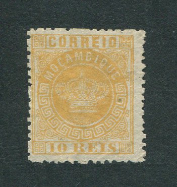 1876 - Afinsa nº 2. Tipo Coroa. Selo de 10 reis novo, SEM GOMA. AMARELO LARANJA. Denteado 12 1/2. Em boas condições.