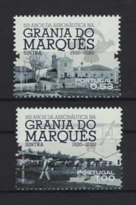2020 - Afinsa nº 5306/5307. 100 Anos da Aeronáutica na Granja do Marquês - Sintra 1920-2020. Série nova sem charneira. Goma Original. Em boas condições.