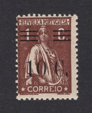 1928 - Afinsa nº 455f. Ceres com sobretaxa. Selo de 10c/1c novo SEM CHARNEIRA (**) e com goma original. SOBRECARGA/BARRAS TIPO XI. Papel liso, 12x11 1/2. Em boas condições.
