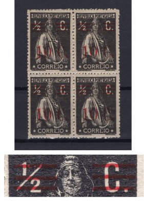 1928 - Afinsa nº 454m. Ceres com sobretaxa. Selos de 10c/1/2c EM QUADRA. Novos SEM CHARNEIRA (**) e com goma original. 4º selo com SOBRECARGA/BARRAS TIPO V. Papel azulado, 15x14. Em boas condições.