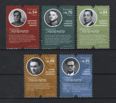 2021 - Afinsa nº 5372/5376. Memória do Holocausto. Série nova sem charneira. Goma Original. Em boas condições.