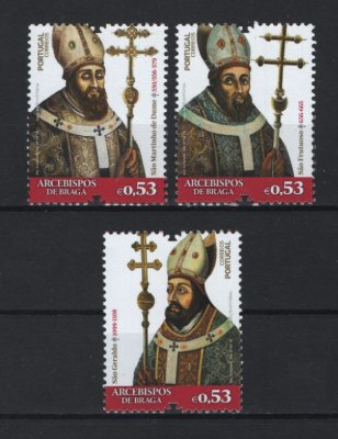 2018 - Afinsa nº 5058/5060. Arcebispos de Braga (2º Grupo). Série nova sem charneira. Goma Original. Em boas condições.