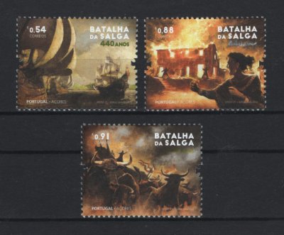 2021 - Afinsa nº 5407/5409. 440 Anos da Chegada Batalha da Salga - Açores. Série nova sem charneira. Goma Original. Em boas condições.