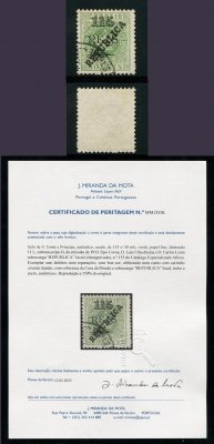 1913 - Afinsa nº 153. Coroa com sobrecarga local Républica. Selo de 115r/50r usado. Com CERTIFICADO DE PERITAGEM (CERTIFICATE). Em boas condições.