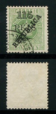 1913 - Afinsa nº 153. Coroa com sobrecarga local Républica. Selo de 115r/50r usado. Com CERTIFICADO DE PERITAGEM (CERTIFICATE). Em boas condições.