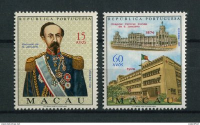 1974 - Afinsa nº 433/434. Centenário do Hospital Central de Macau. Série completa nova SEM CHARNEIRA (**) e com goma original. Em boas condições.