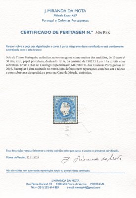 1902 - Afinsa nº 83. D. Luis I com sobretaxa. Selo de 15a/50r novo sem goma como emitido. Com CERTIFICADO DE PERITAGEM. Em boas condições.