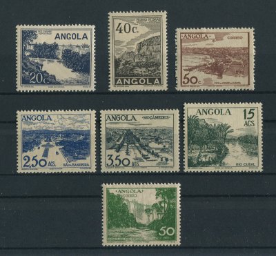 1949 - Afinsa nº 311/317. Vistas de Angola. Série completa nova, COM CHARNEIRA (*) e goma original. Em boas condições.