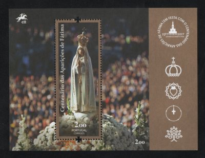 2017 - Bloco nº 571. Centenário das Aparições de Fátima. Novo sem charneira. Em boas condições.