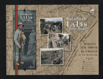 2018 - Bloco nº 592. Centenário da Batalha de La Lys 1918-2018. Novo sem charneira. Em boas condições.