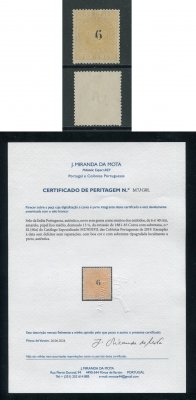 1881 - Afinsa nº 82. Coroa com sobretaxa. Selo de 6r/40r novo sem goma como emitido. Em boas condições. Com CERTIFICADO DE PERITAGEM (CERTIFICATE).
