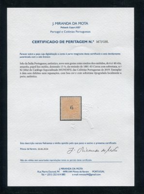 1881 - Afinsa nº 82. Coroa com sobretaxa. Selo de 6r/40r novo sem goma como emitido. Em boas condições. Com CERTIFICADO DE PERITAGEM (CERTIFICATE).
