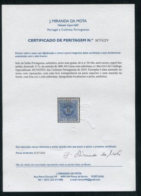 1881 - Afinsa nº 84a. Coroa com sobretaxa. Selo de 6r/50r novo sem goma como emitido. Denteado 13 1/2. Com CERTIFICADO DE PERITAGEM. Tem uma pequena transparência, quase impercetível.