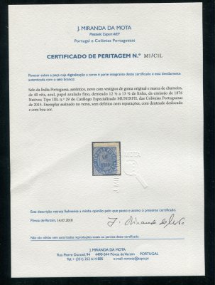 1876 - Afinsa nº 29. Nativos. Tipo IIB. Selo de 40 reis novo COM CHARNEIRA (*) e goma original. Com CERTIFICADO DE PERITAGEM (CERTIFICATE). Em boas condições.