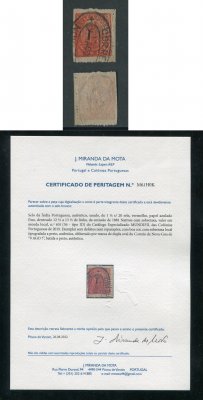 1881 - Afinsa nº 65i. Nativos com sobretaxa. Tipo ID. Selo de 1 1/2r/20r usado. Com CERTIFICADO DE PERITAGEM (CERTIFICATE). Em boas condições.