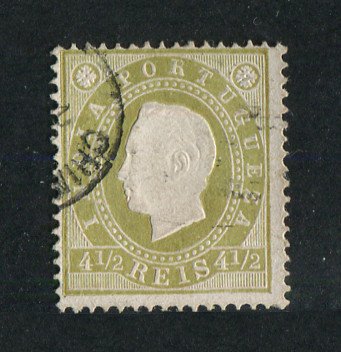 1886 - Afinsa nº 133c. D. Luis I. Selo de 4 1/2r usado. BISTRE ESVERDEADO. Denteado 13 1/2. Em boas condições.