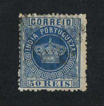 1880 - Afinsa nº 61a. Tipo Coroa, novas cores. Selo de 50 reis usado. AZUL. Denteado 12 1/2. Em boas condições.