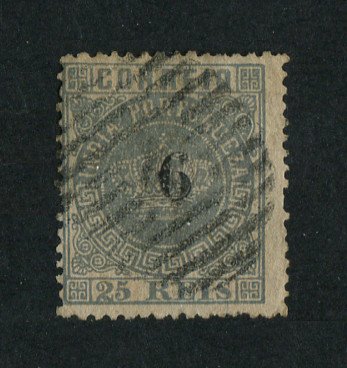 1881 - Afinsa nº 79a. Coroa com sobretaxa. Selo de 6r/25r usado. Denteado 13 1/2. Em boas condições.