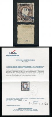 1893 - Afinsa nº 26. D. Luis I fita direita com sobrecarga. Selo de 5r/40r usado. Sobrecarga 3 a preto. Com CERTIFICADO DE PERITAGEM (CERTIFICATE). Em boas condições.