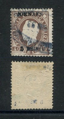1893 - Afinsa nº 26. D. Luis I fita direita com sobrecarga. Selo de 5r/40r usado. Sobrecarga 3 a preto. Com CERTIFICADO DE PERITAGEM (CERTIFICATE). Em boas condições.