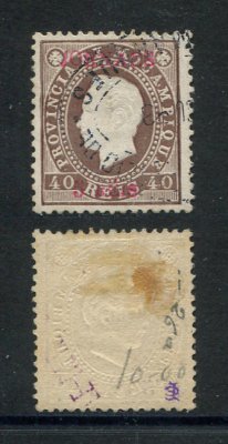 1893 - Afinsa nº 26B. D. Luis I fita direita com sobrecarga. Selo de 5r/40r usado. Sobrecarga 3 a VERMELHO. Com CERTIFICADO DE PERITAGEM (CERTIFICATE). Em boas condições.