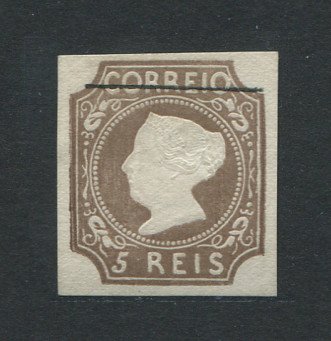 1853 - Afinsa nº 1. Reimpressão de 1885. D. Maria II, 5 reis. Com TRAÇO DE 18mm. Em boas condições.