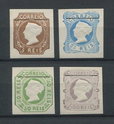 1853 - Afinsa nº   1/4. Reimpressões de 1885.D. Maria II. Série completa sem goma como emitidos. Com TRAÇO DE 18mm. Em boas condições.