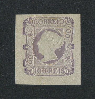 1853 - Afinsa nº 4. Reimpressão de 1863. D. Maria II, 100 reis. Sem goma. Em boas condições.