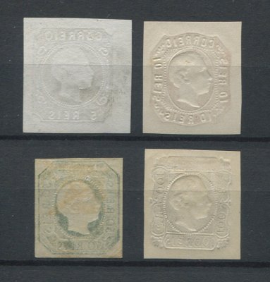 1862/4 - Afinsa nº  14/18. Reimpressões de 1905. D. Pedro V, cabelos lisos. Série completa. Todos sem goma excepto o 100r que tem goma original (não inclui o nº 16 pois não foram feitas reimpressões do nº 16). Em boas condições.