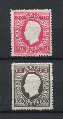 1884 - Afinsa nº 66/67. Reimpressões de 1885. D. Luis I fita direita. Nova cor e valor. Série completa sem goma como emitidos. Denteado 13 1/2. Com TRAÇO de 17mm. Em boas condições.