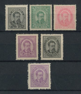 1884/87 - Afinsa nº 60/65. Reimpressões de 1905. D. Luis I, de frente. Série completa sem goma. Em boas condições.