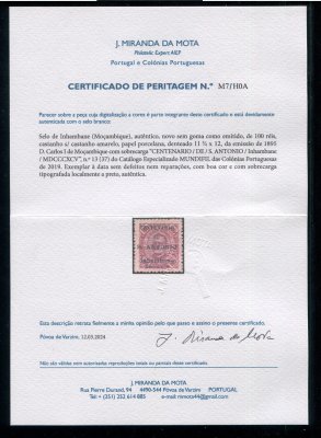 1895 - Afinsa nº13. D. Carlos I com sobrecarga ''Centenário de S. António''. Selo de 100 reis novo sem goma como emitido. Com CERTIFICADO DE PERITAGEM. Em boas condições.