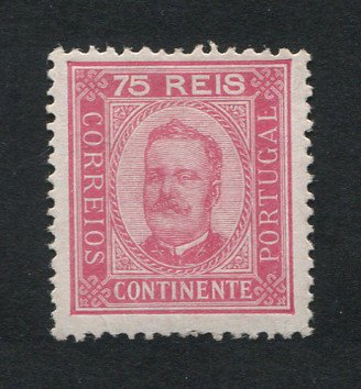 1892 - Afinsa nº 72A. D. Carlos I. Selo de 75 reis NOVO, COM CHARNEIRA (*) e goma original. Papel porcelana, denteado 12 1/2. Em boas condições.