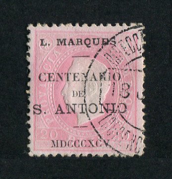 1895 - Afinsa nº 16. D. Luis com sobrecarga "CENTENARIO DE S. ANTONIO". Selo de 20 reis usado. Em boas condições.