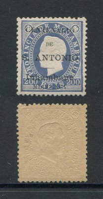 1895 - Afinsa nº 8. D. Luis I com sobrecarga "Centenário de S. António". Selo de 200 reis novo sem goma como emitido. Com CERTIFICADO DE PERITAGEM (CERTIFICATE). Em boas condições.