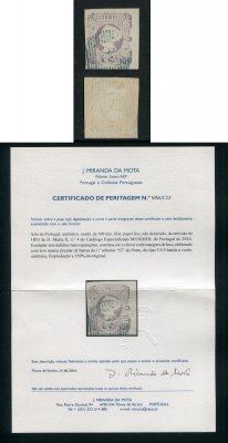 1853 - Afinsa nº 4. D. Maria II. Selo de 100 reis usado. Boas margens. Carimbo nº 52 - Porto. Em boas condições. Com CERTIFICADO DE PERITAGEM. EXEMPLAR DE LUXO.