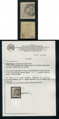 1853 - Afinsa nº 4. D. Maria II. Selo de 100 reis usado. Boas margens. Precursor dos Açores - Carimbo 48 - Angra do Heroísmo (1ª reforma). Em boas condições. Com DOIS CERTIFICADOS DE PERITAGEM. EXEMPLAR DE LUXO.