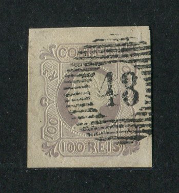 1853 - Afinsa nº 4. D. Maria II. Selo de 100 reis usado. Boas margens. Precursor dos Açores - Carimbo 48 - Angra do Heroísmo (1ª reforma). Em boas condições. Com DOIS CERTIFICADOS DE PERITAGEM. EXEMPLAR DE LUXO.