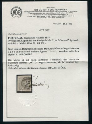 1853 - Afinsa nº 4. D. Maria II. Selo de 100 reis usado. Boas margens. Precursor dos Açores - Carimbo 48 - Angra do Heroísmo (1ª reforma). Em boas condições. Com DOIS CERTIFICADOS DE PERITAGEM. EXEMPLAR DE LUXO.