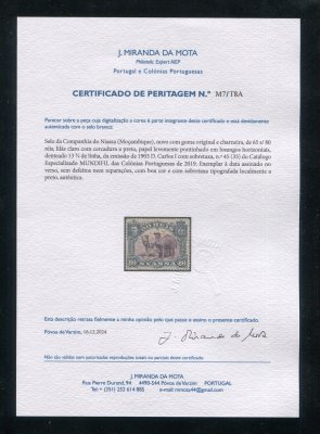 1903 - Afinsa nº 45. D. Carlos I com sobretaxa. Selo de 65r/80r  novo, COM CHARNEIRA (*) e goma original. Com CERTIFICADO DE PERITAGEM. Em boas condições.