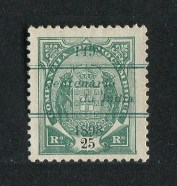 1898 - Afinsa nº 34. SELO COM SOBRECARGA FALSA/FALSIFICAÇÃO. Elefantes com sobrecarga ''CENTENÁRIO DA INDIA'' FALSA, colocada sobre selo em DENTEADO 11 1/2. Selo de 25 reis novo sem goma. Em boas condições.