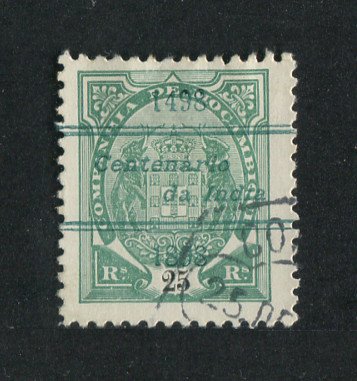 1898 - Afinsa nº 34. SELO COM SOBRECARGA FALSA/FALSIFICAÇÃO. Elefantes com sobrecarga ''CENTENÁRIO DA INDIA'' FALSA, colocada sobre selo em DENTEADO 11 1/2. Selo de 25 reis usado. Em boas condições.