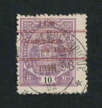 1898 - Afinsa nº 31c. Elefantes com sobrecarga "Centenário da India". Selo de 10r usado. Denteado 12 1/2, papel porcelana. Em boas condições.