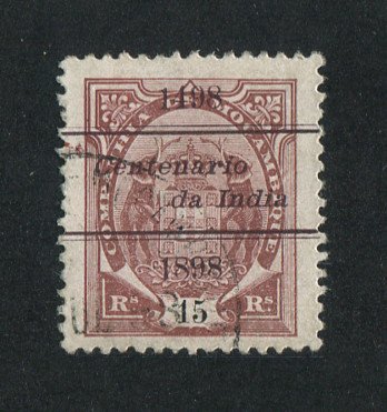 1898 - Afinsa nº 32b. Elefantes com sobrecarga "Centenário da India". Selo de 15r usado. Denteado 12 1/2, papel porcelana. Em boas condições.