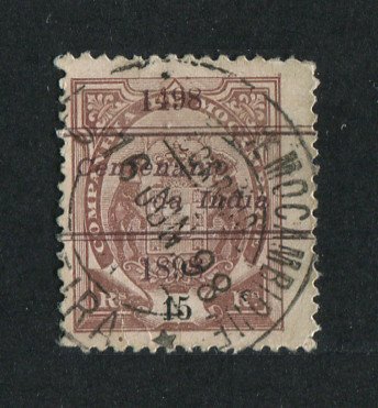 1898 - Afinsa nº 32b. Elefantes com sobrecarga "Centenário da India". Selo de 15r usado. Denteado 12 1/2, papel porcelana. Em boas condições.